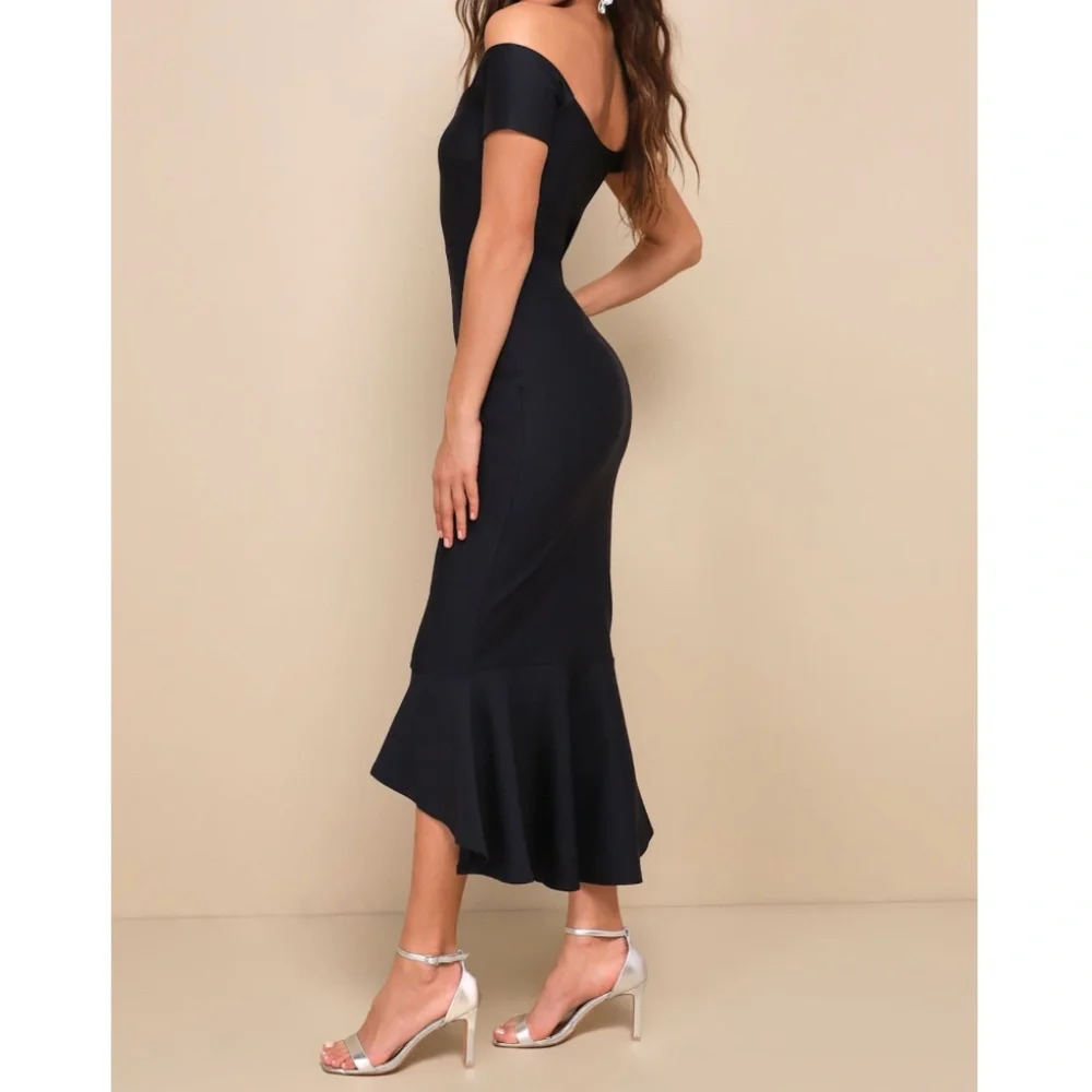 NWOT | LULUs How Much I Care Midnight Blue Off-the-Shoulder Midi Dress | Sz L - Picture 3 of 7